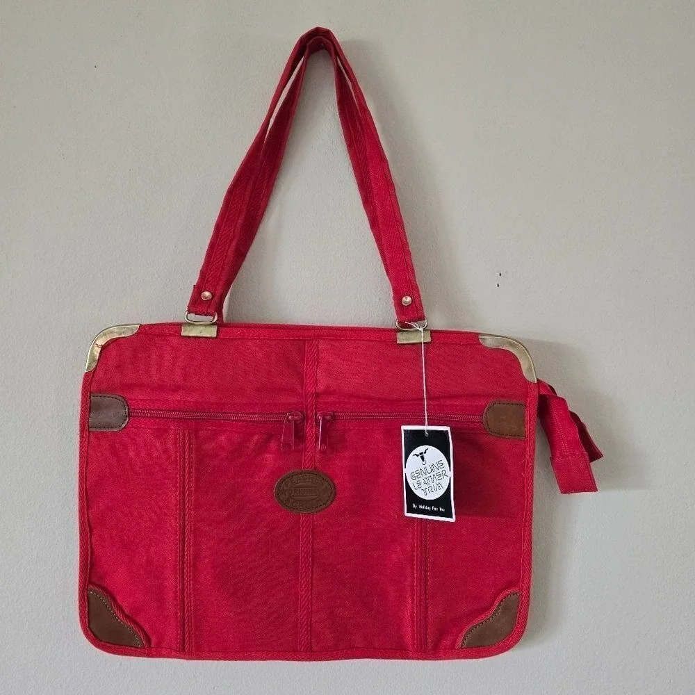 Holiday Fair  Red Canvas Briefcase Genuine‎ Leather Trim Vintage
